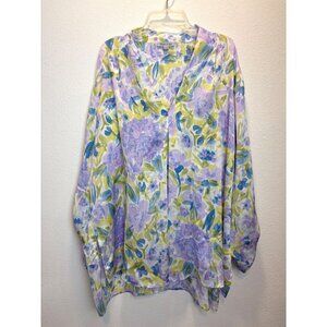 Floral & Ivy Womens XL Blouse Purple & Green Floral Print Lightweight Polyester